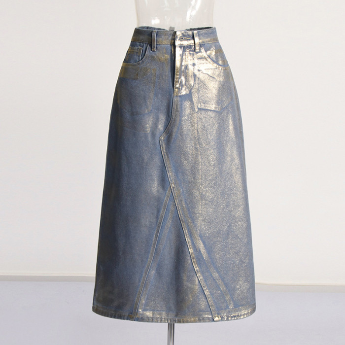 Unique Design Embossed Gold Denim Skirt women