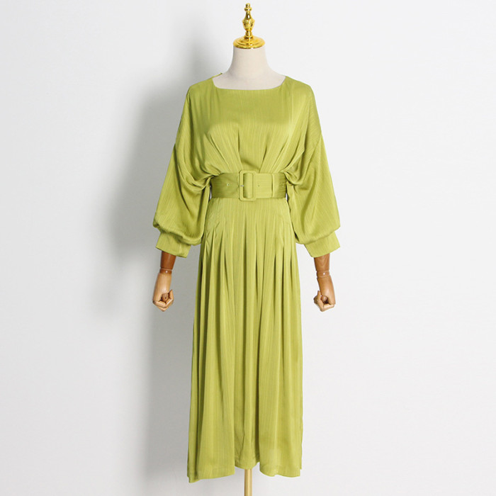 Elegant Romantic Satin One-Shoulder Cinched Waist Pleated 7/8 Puff Sleeve Dress