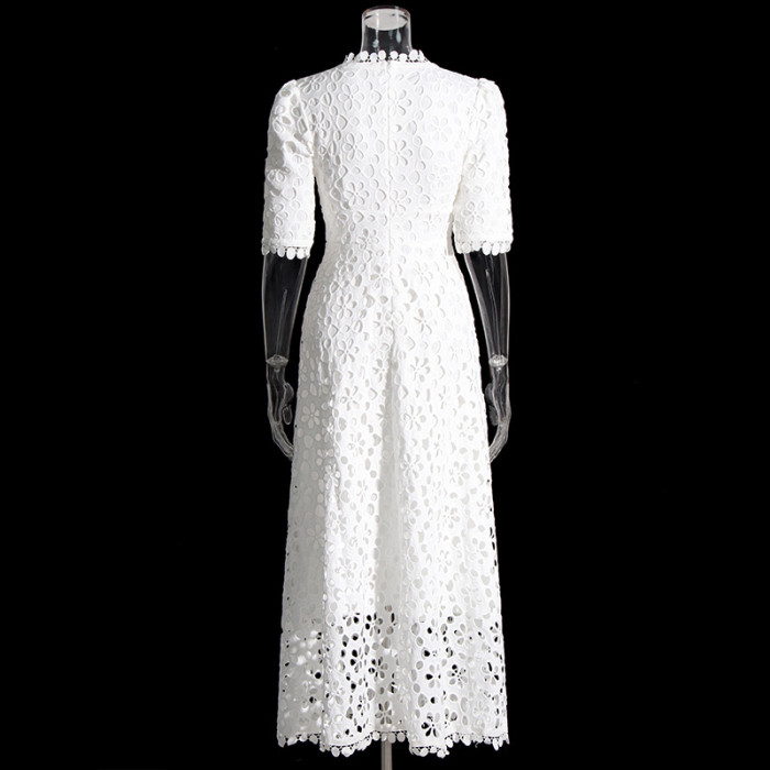 Elegant V-Neck Embroidered Cutwork Solid Color Maxi Dress