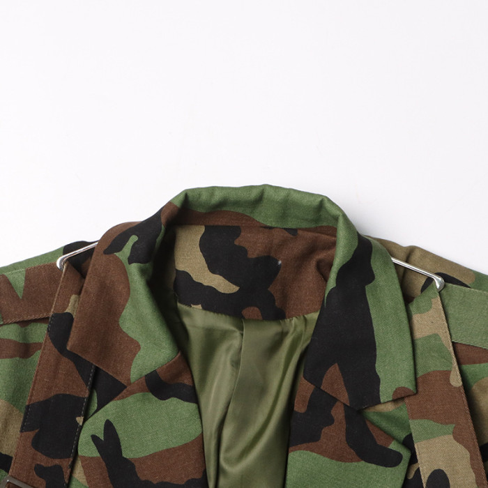 Camouflage Print Tie Waist Slimming Suit Jacket