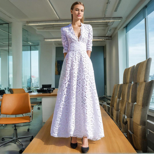 Elegant V-Neck Embroidered Cutwork Solid Color Maxi Dress