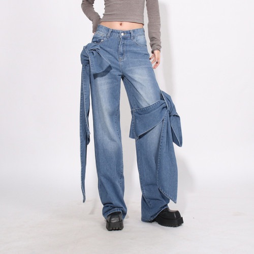 Bow-Adorned High-Rise Straight-Leg Jeans