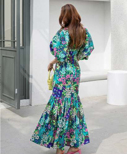 Floral Print Daisy Field Slim-Fit Round Neck Fishtail Midi Dress