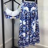 Unique Porcelain-Inspired Halter Top and Midi Skirt Set