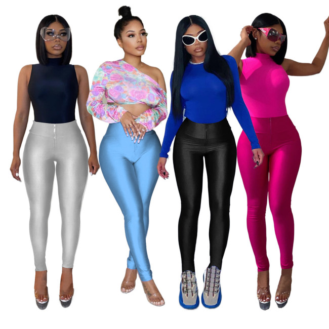 High-waisted Solid Color Zipper Base Tight Casual Sports Pants