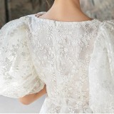 Unique Lace Embroidered White Puff Sleeve Evening Gown