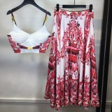 Unique Porcelain-Inspired Halter Top and Midi Skirt Set