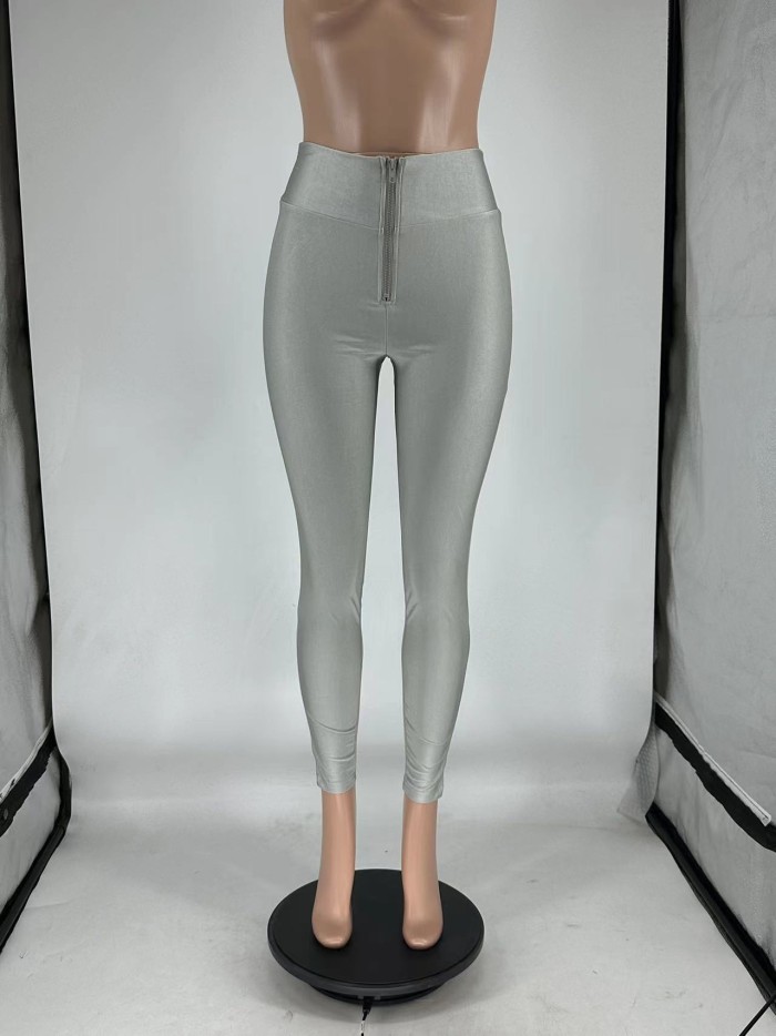 High-waisted Solid Color Zipper Base Tight Casual Sports Pants