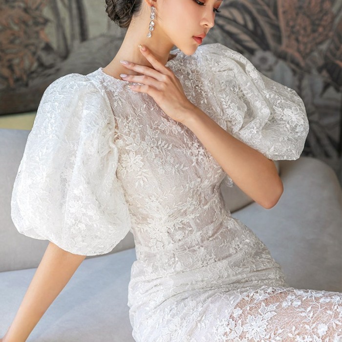 Unique Lace Embroidered White Puff Sleeve Evening Gown