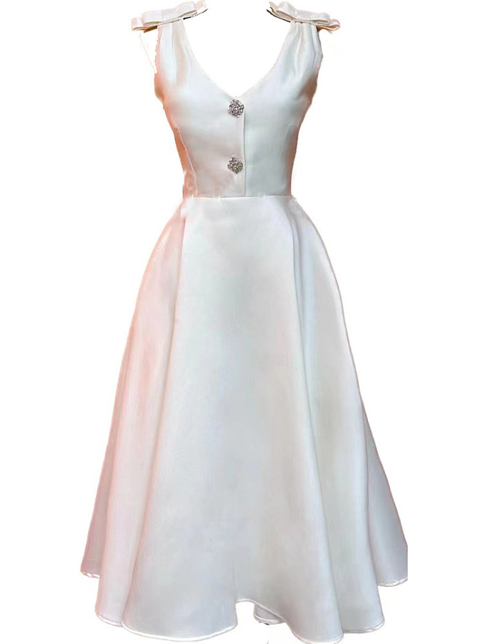 Rhinestone Bow V-Neck Cinched Waist Long Dress