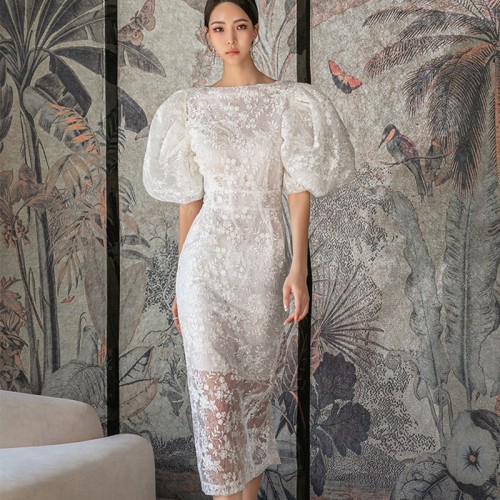 Unique Lace Embroidered White Puff Sleeve Evening Gown