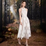 Sleeveless Lace Embroidered Off-Shoulder Cinched Waist Fitted Midi Dress Gown