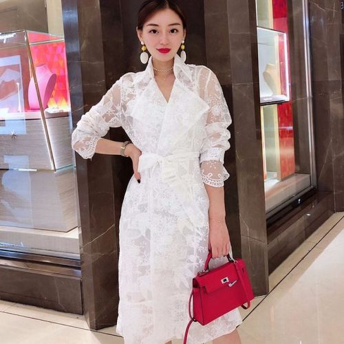 Delicate Lace Long Trench Coat Dress Set