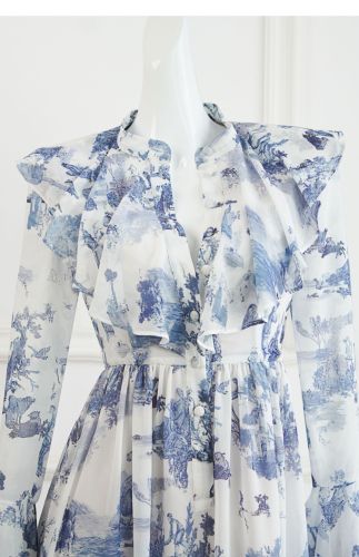 Unique Watercolor-Inspired Printed Shift Dress with Mandarin Collar