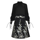 Butterfly Knot Blouse with Pearl Embroidery and A-Line Midi Skirt Set