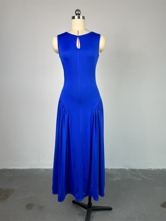 Fashionable Round Neckline Hollow-Out Waist Cinching Sleeveless Design Midi Dress
