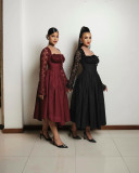 A-Line Vintage sweet Square Collar Knee-Length Long Sleeve Waist Cinched Solid Color Midi Length women's dresses