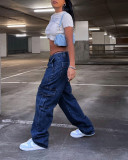 High Waist Elastic Waist Drop Pants Loose Wide Leg Cargo Multi Pocket Denim Pants