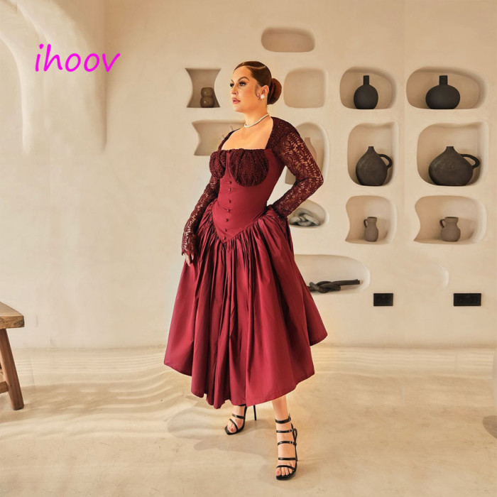 A-Line Vintage sweet Square Collar Knee-Length Long Sleeve Waist Cinched Solid Color Midi Length women's dresses