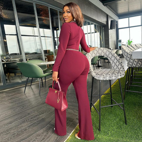 Unique One-Piece Hollow Long Sleeve Fitted High-Waist Wide-Leg Jumpsuit