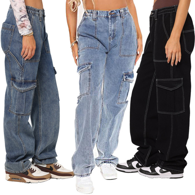 High Waist Elastic Waist Drop Pants Loose Wide Leg Cargo Multi Pocket Denim Pants