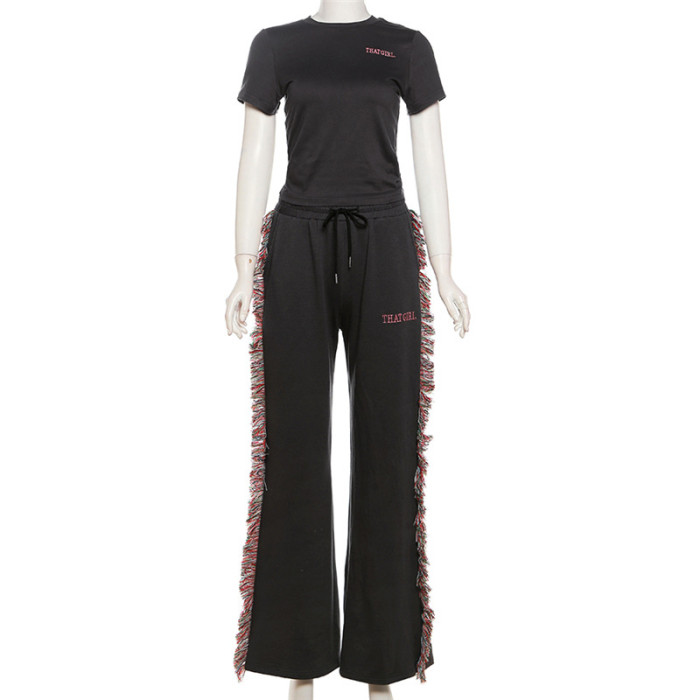Embroidered Letter Crew Neck Short Sleeve T-Shirt and Colorful Fringed High-Waisted Casual Pants