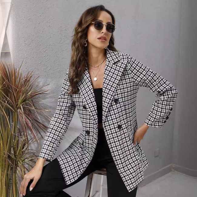 Distinctive Houndstooth Lapel Long Sleeve Jacket