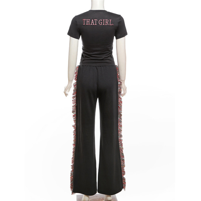 Embroidered Letter Crew Neck Short Sleeve T-Shirt and Colorful Fringed High-Waisted Casual Pants