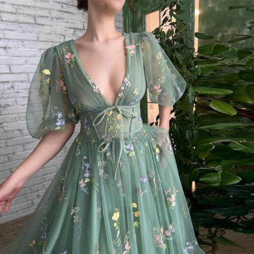 Ethereal Green Chiffon Puff Sleeve V-Neck Floral Maxi Dress