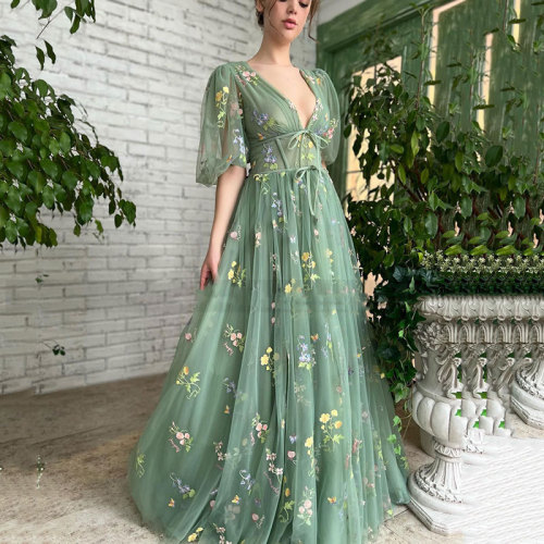 Ethereal Green Chiffon Puff Sleeve V-Neck Floral Maxi Dress