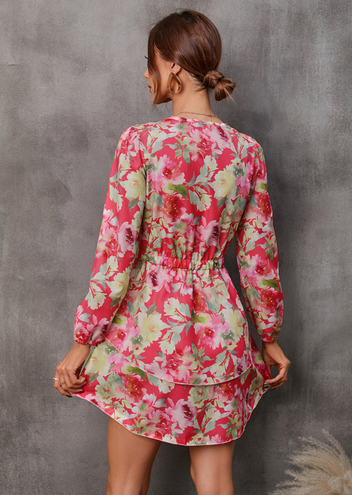 Unique Floral Print Long Sleeve Midi Dress