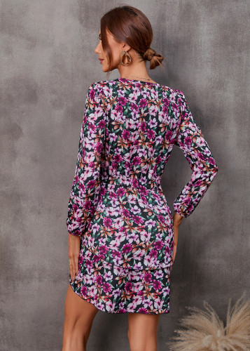 Unique Floral Print Long Sleeve Midi Dress