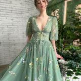 Ethereal Green Chiffon Puff Sleeve V-Neck Floral Maxi Dress