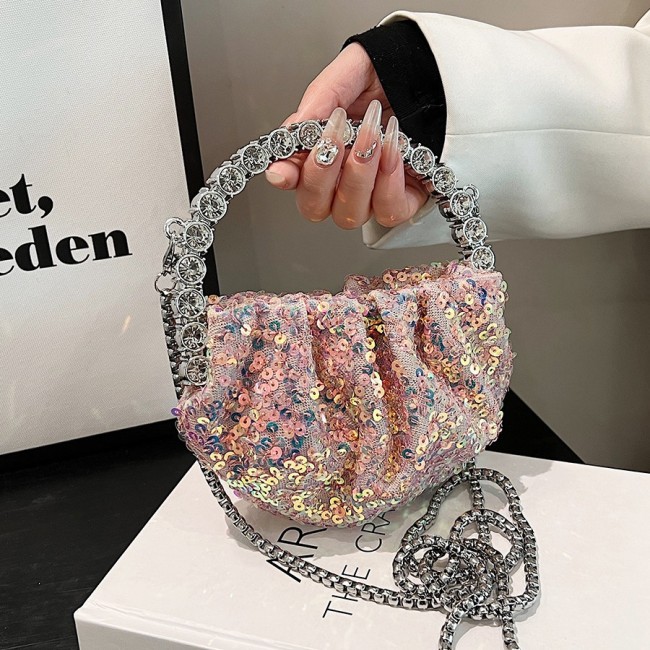 Sparkling Rhinestone Embellished Pleated Cloud Mini Evening Bag with Chic Chain Strap