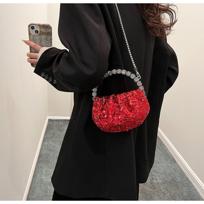 Sparkling Rhinestone Embellished Pleated Cloud Mini Evening Bag with Chic Chain Strap