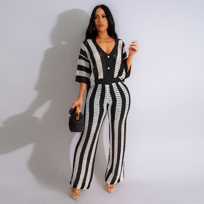 Alluring V-Neck Hollow-Out Striped Knit Wide-Leg Pant Set