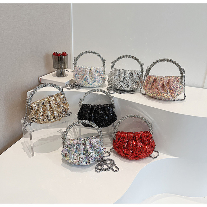 Sparkling Rhinestone Embellished Pleated Cloud Mini Evening Bag with Chic Chain Strap