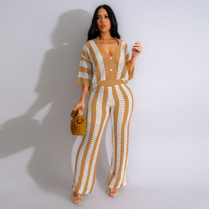 Alluring V-Neck Hollow-Out Striped Knit Wide-Leg Pant Set