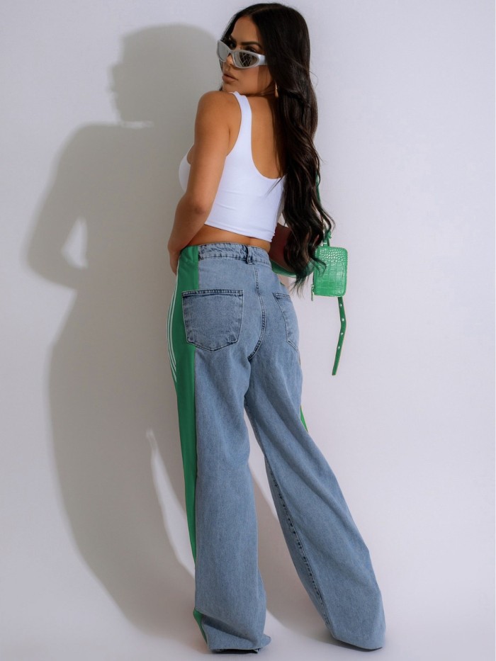 Unique Contrast Striped Paneling High-Waisted Denim Jeans