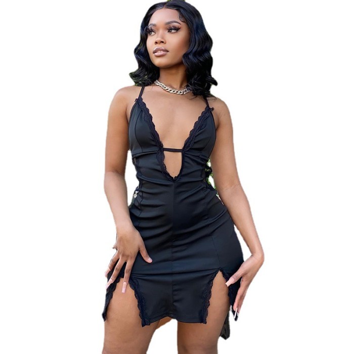 Women's suspenders hollowed out street hipster lace Patchwork slit Bodycon Dress