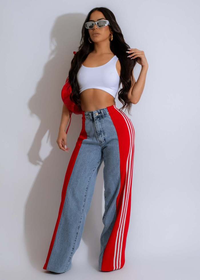 Unique Contrast Striped Paneling High-Waisted Denim Jeans