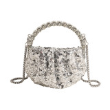 Sparkling Rhinestone Embellished Pleated Cloud Mini Evening Bag with Chic Chain Strap
