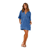 Turndown Collar and Short Sleeves Loose Denim Shirt Dress