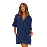 Turndown Collar and Short Sleeves Loose Denim Shirt Dress