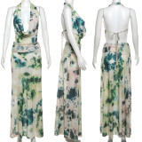 Elegant Ink Printed Deep V-Neck Backless Pleated Maxi Dress Set by ihoov