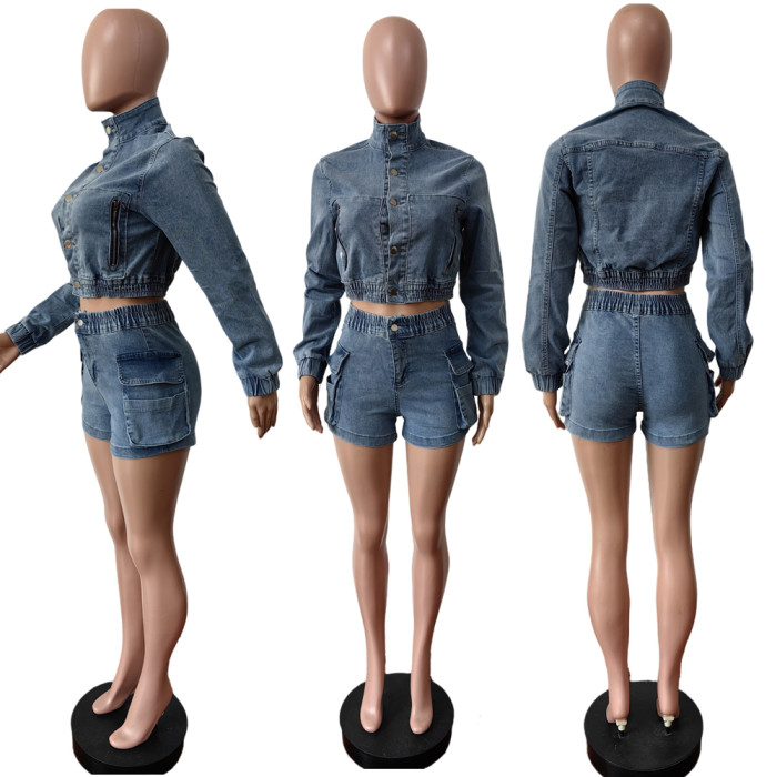 Slimming and Shapely Fashionable Stretch Denim Suit