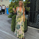 Elegant Ink Printed Deep V-Neck Backless Pleated Maxi Dress Set by ihoov