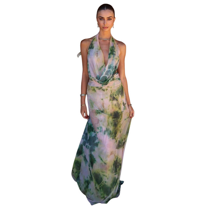 Elegant Ink Printed Deep V-Neck Backless Pleated Maxi Dress Set by ihoov
