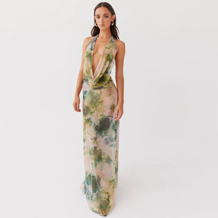 Elegant Ink Printed Deep V-Neck Backless Pleated Maxi Dress Set by ihoov