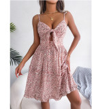 Casual Floral Bow Ruffle Edge Strap Dress